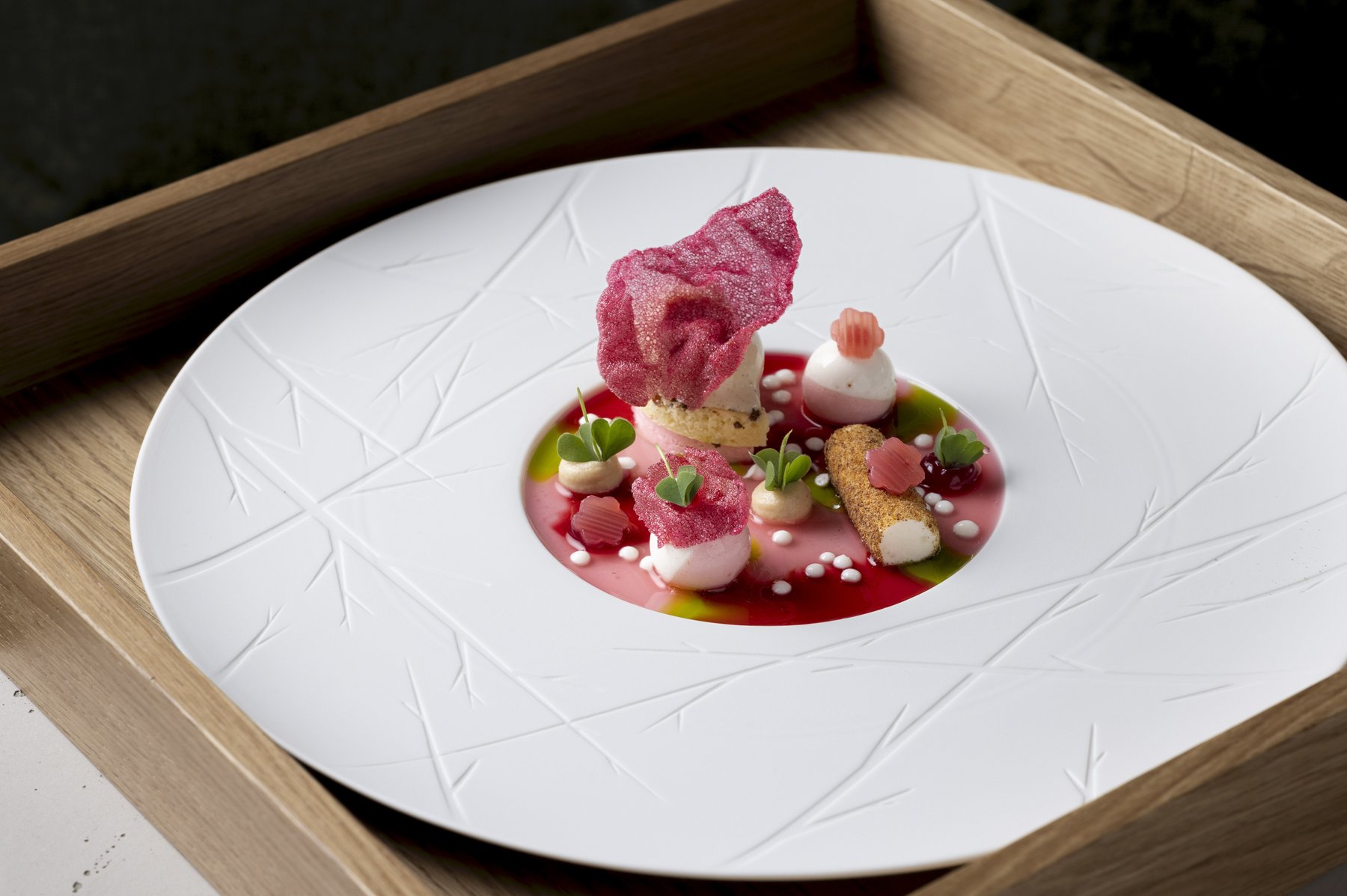 Fine-Dining-Kreation kunstvoll angerichtet – Sterneküche