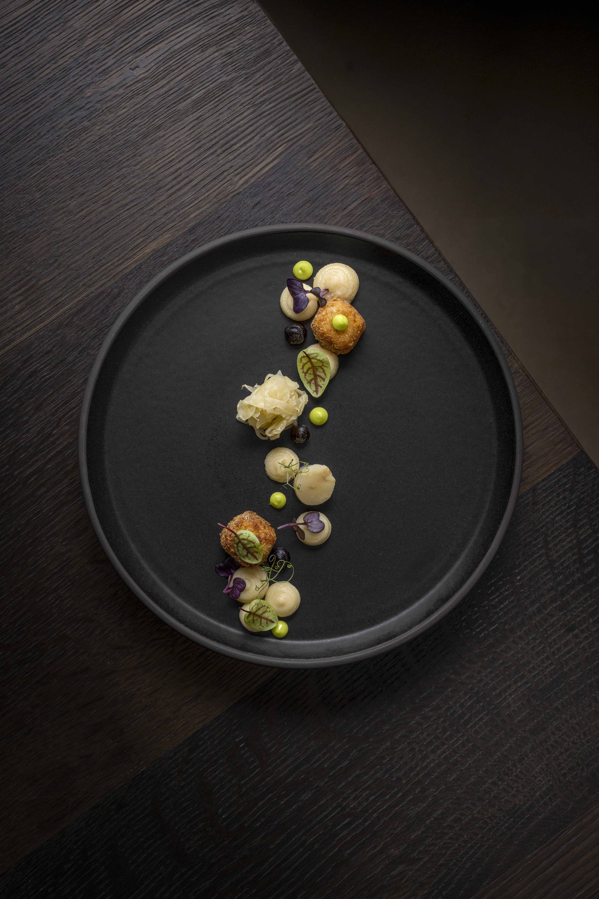 Kunstvoll angerichteter Gang der Spitzenküche – professionelle Foodfotografie.