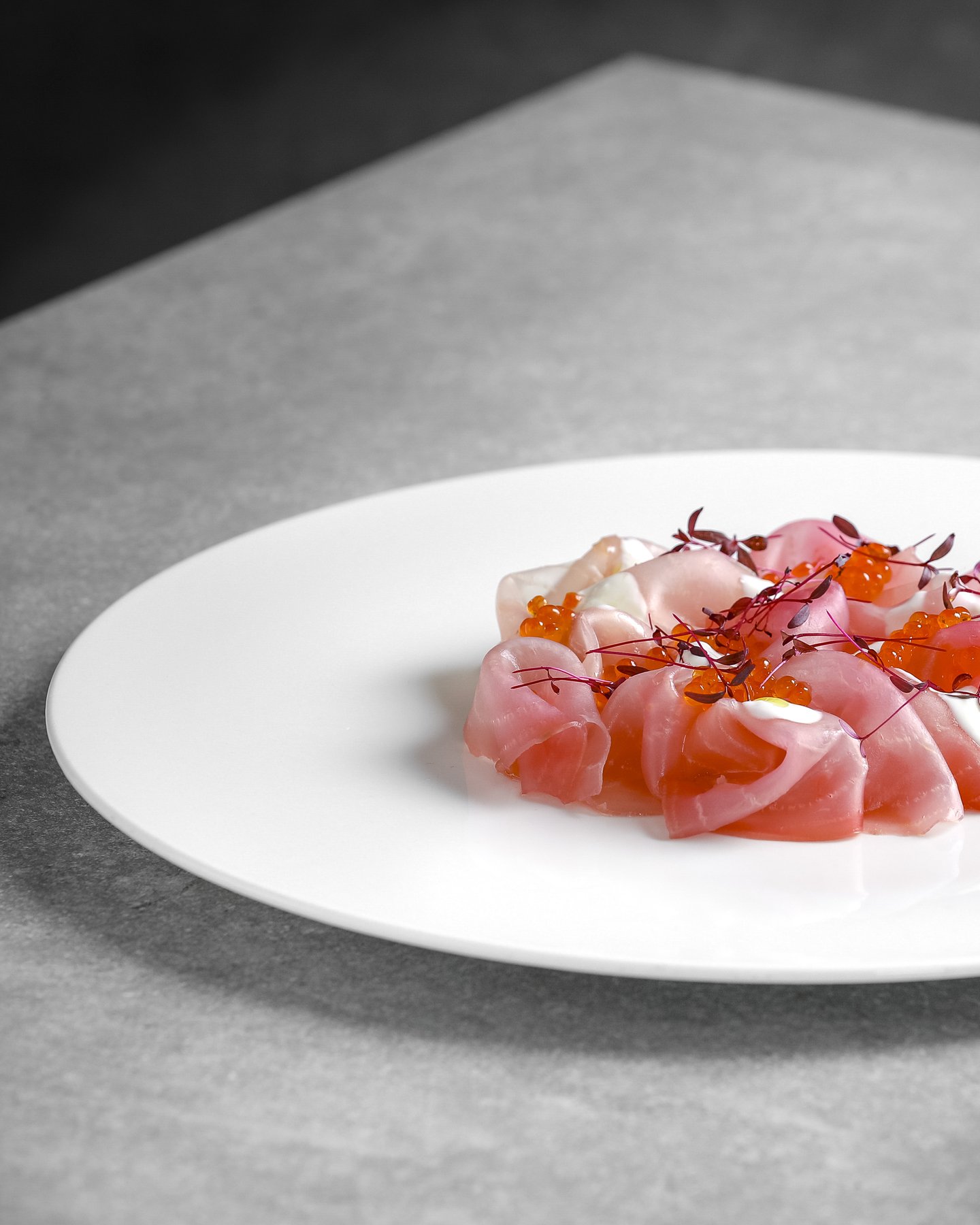 Fein komponierter Teller der gehobenen Küche – Fine-Dining-Foodfotografie mit Fokus auf Farbe und Textur.