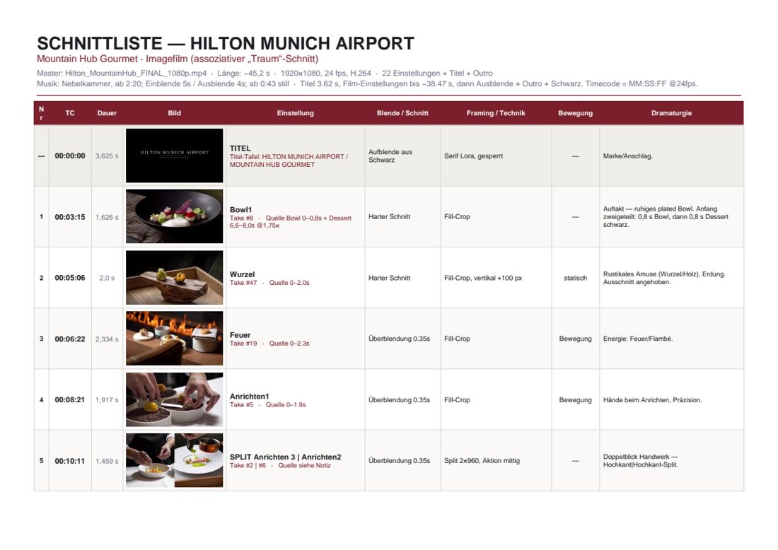 Schnittliste zur Filmproduktion Mountain Hub Gourmet für das Hilton Munich Airport